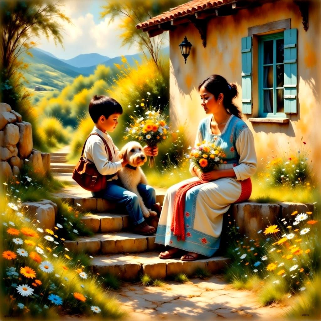 Heartwarming Countryside Scene in Impressionist Style