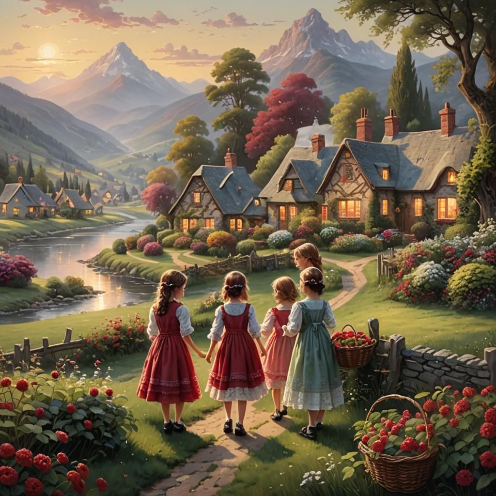 Girls Picking Raspberries in Ethereal Meadow