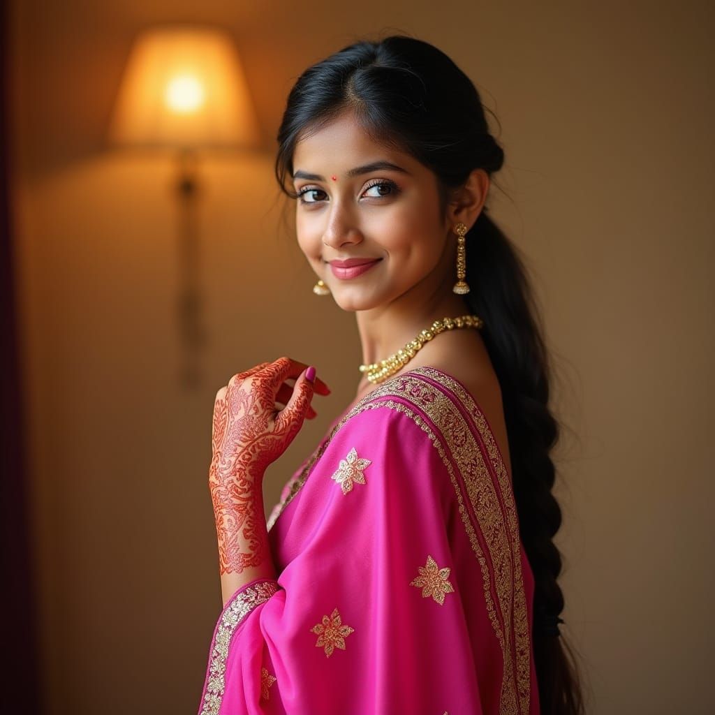 Elegant Indian Teen in Pink Saree with Golden Embroidery
