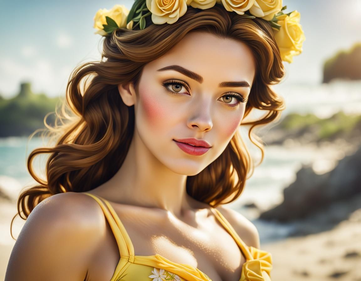 Disney Princess Belle on the Beach: Hyperrealistic Portrait