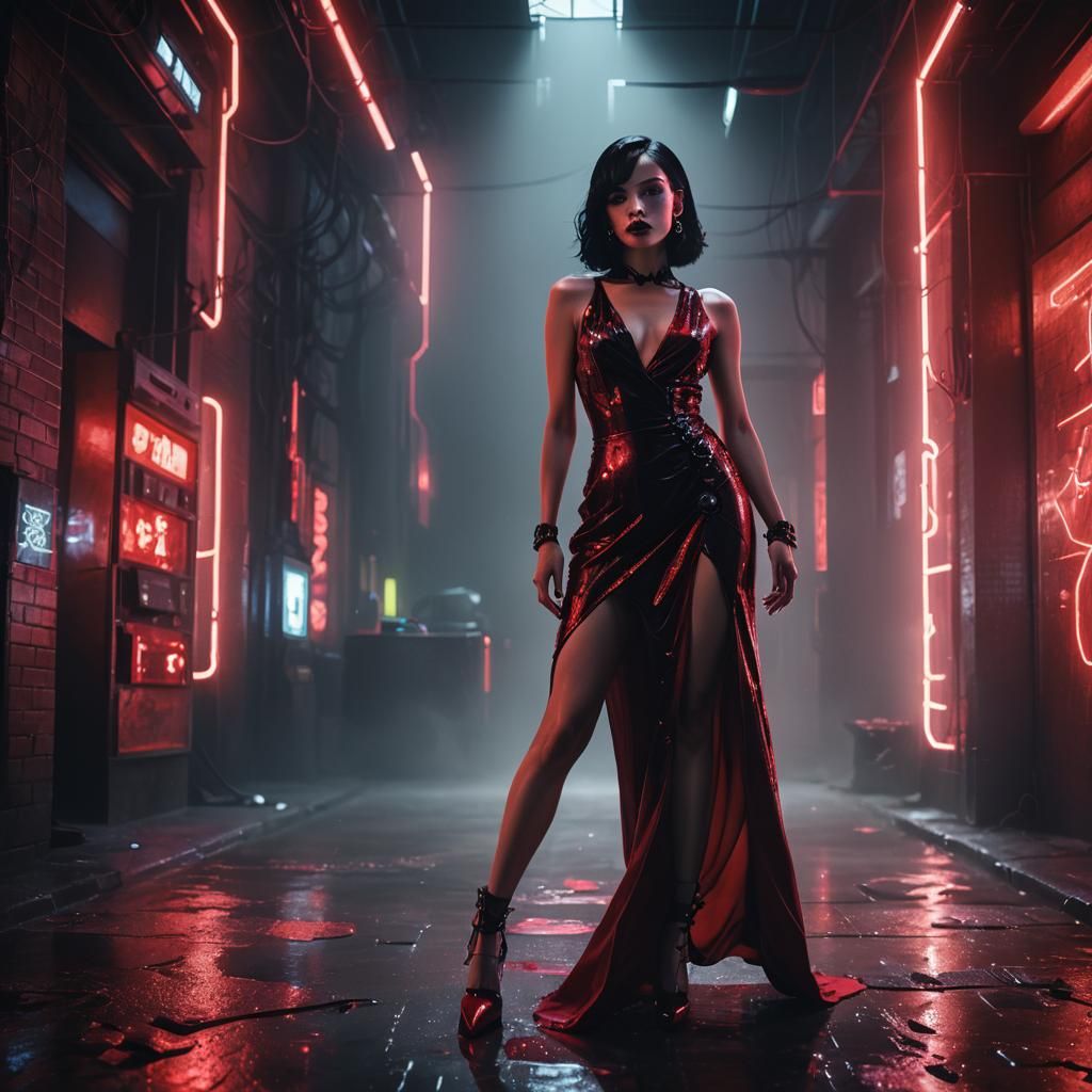 Cyberpunk Woman with Red Dress and Neon Lights