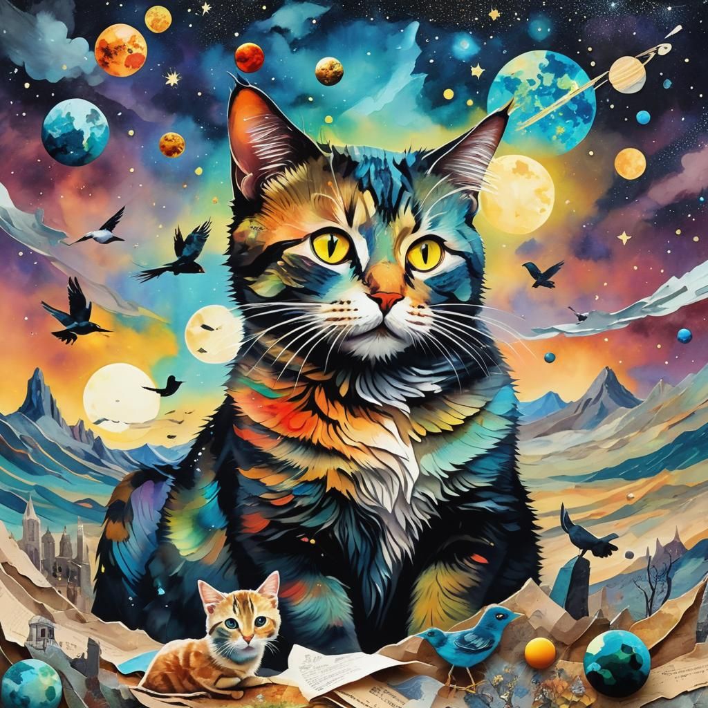 Mystical Cat and Kitten Paper Collage