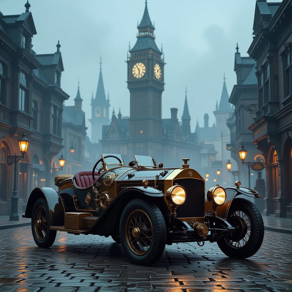 Steampunk Mechanical Car in Gothic Town