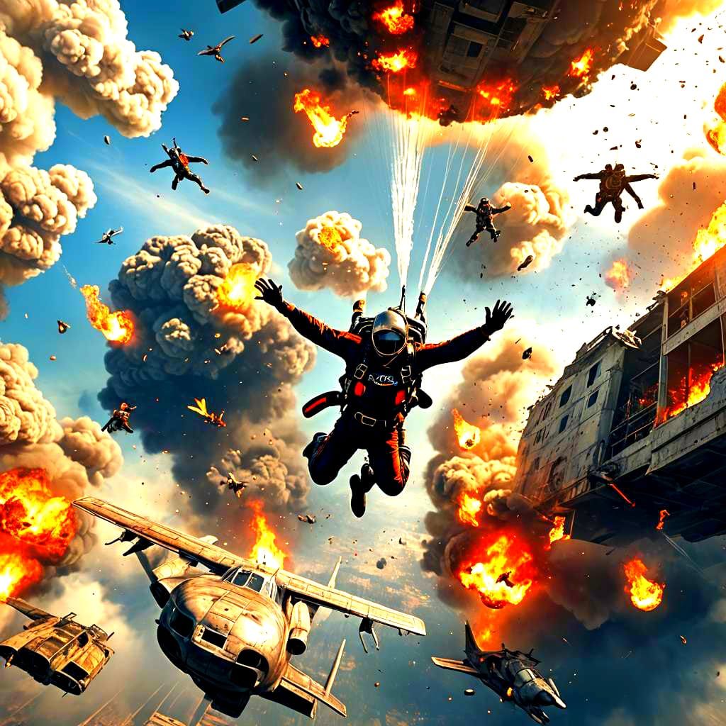 Skydiving from Burning Plane: Fantasy Concept Art