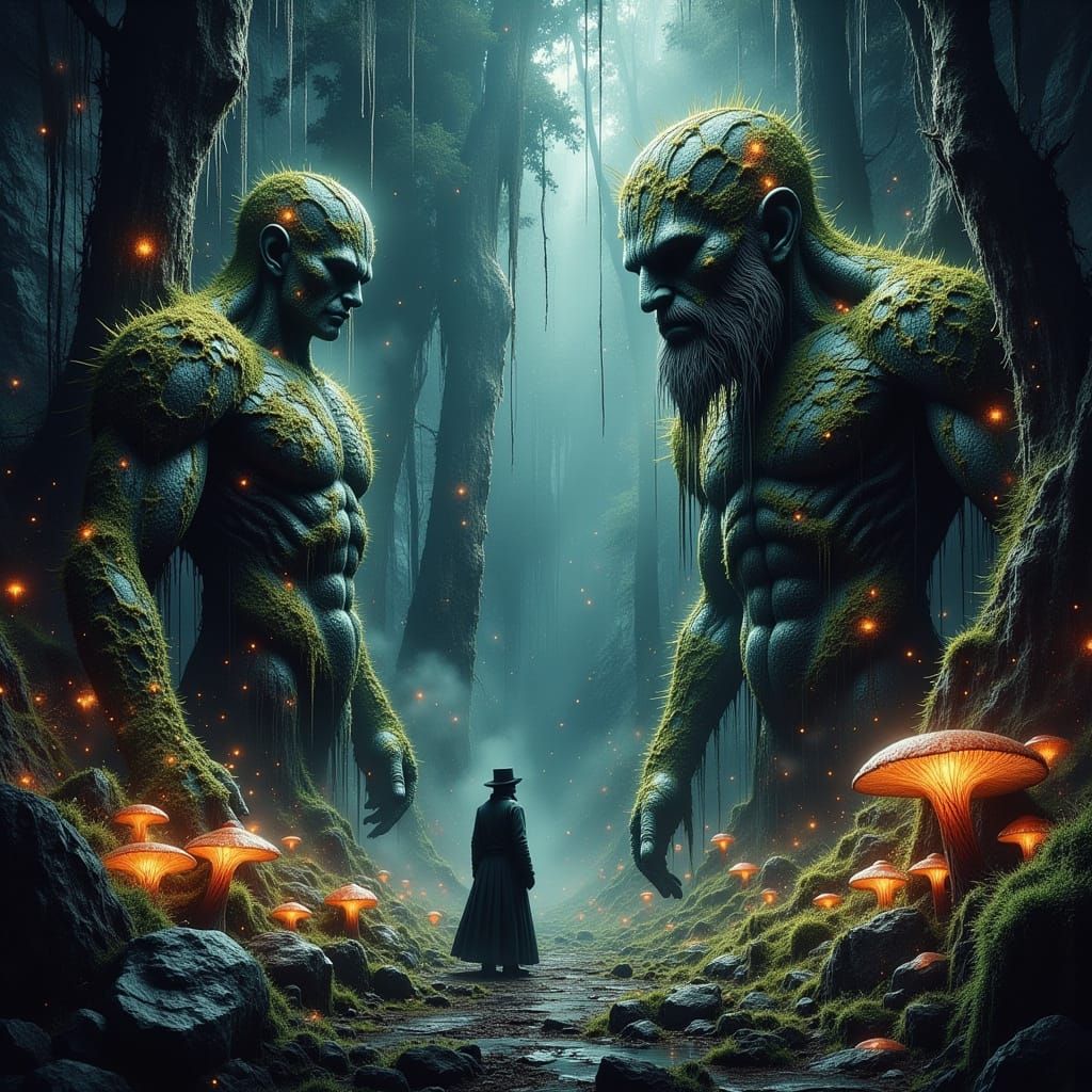 Explorer in Bioluminescent Forest of Giant Gods