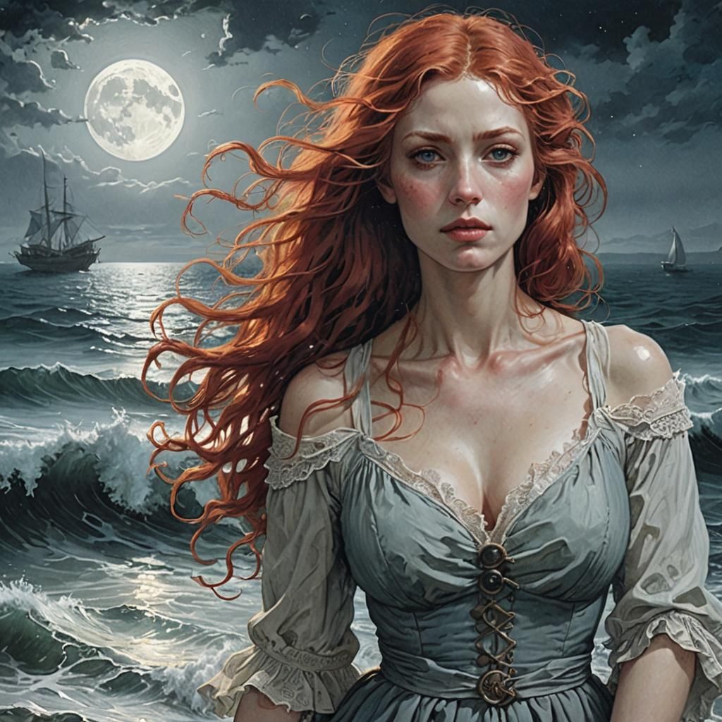Red-Haired Woman Under Full Moon in Horror Style