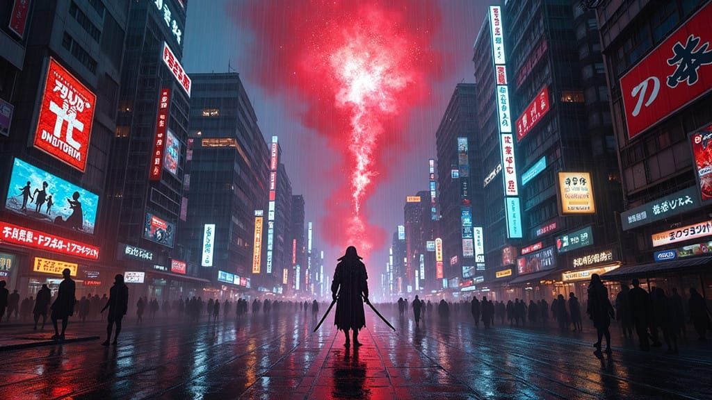 Dystopian Tokyo Cityscape at Dusk in Neon Futurism Style