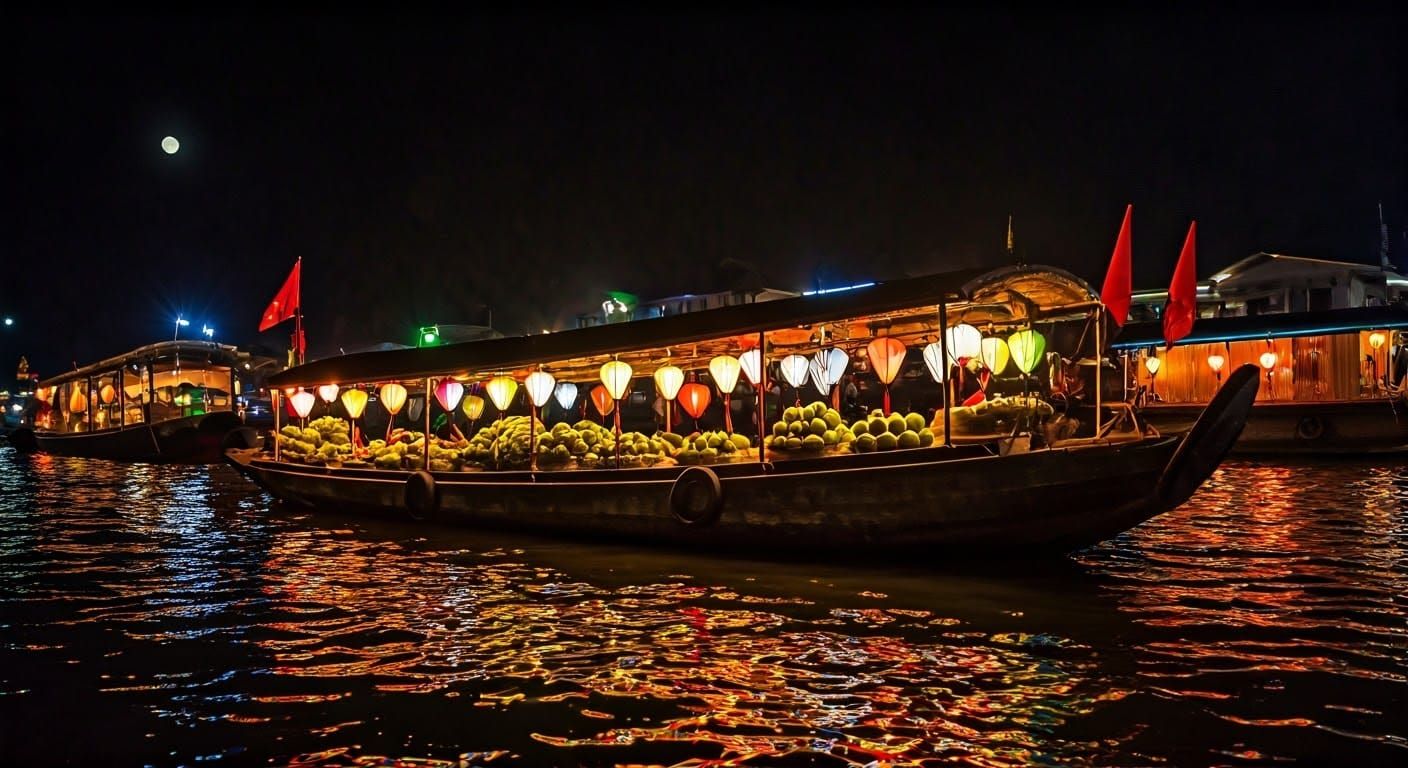 Vietnamese Night Market Scene Under Moonlight