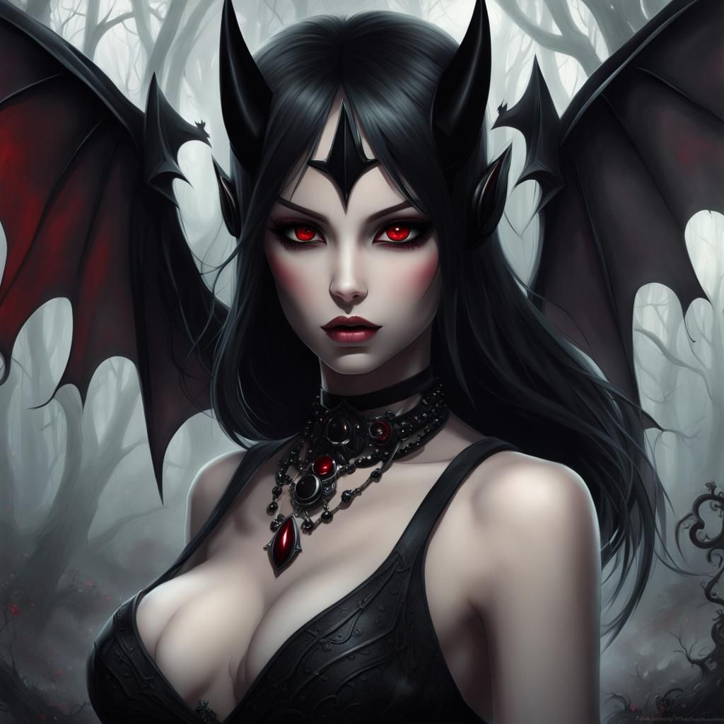 Anime Tiefling with Bat Wings in Underworld