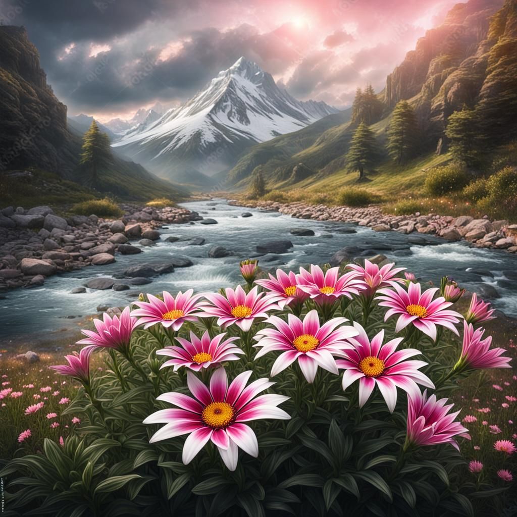 Gazania Flowers Bloom Near Mountain River