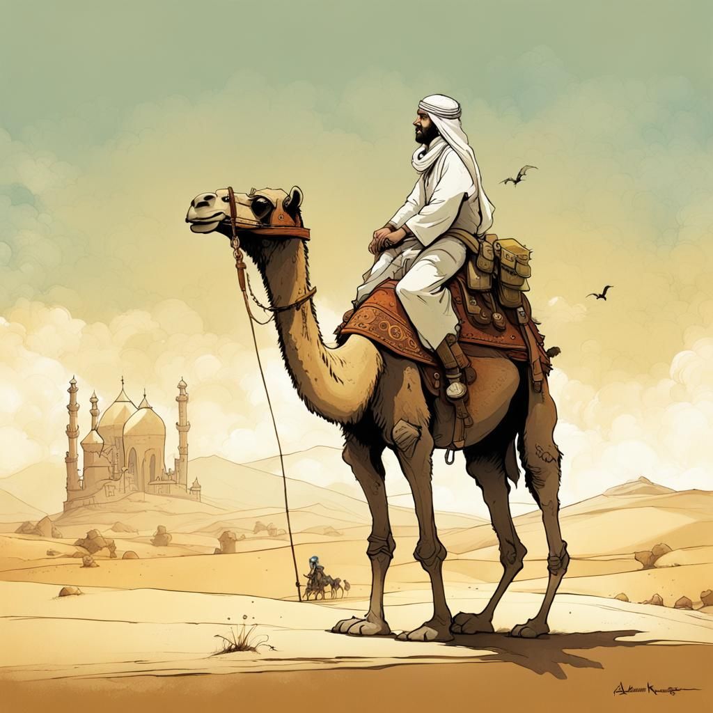 Whimsical Arabian Camel Rider in Desert Illustration