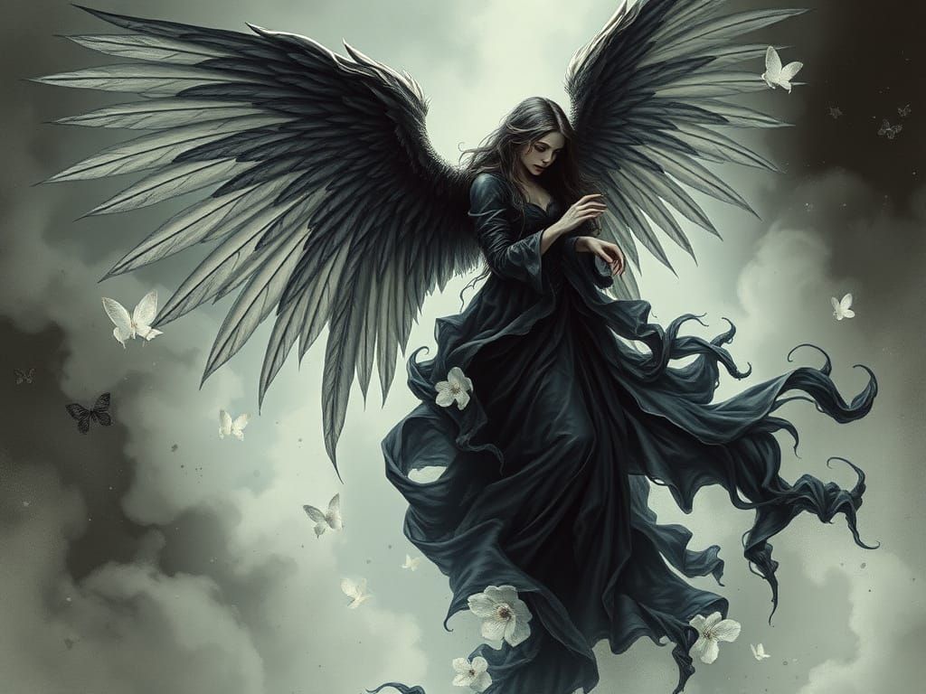 A fallen angel with wide, feathered wings—yet all the feathers are melting into flowing streams of ink, cascading from t...