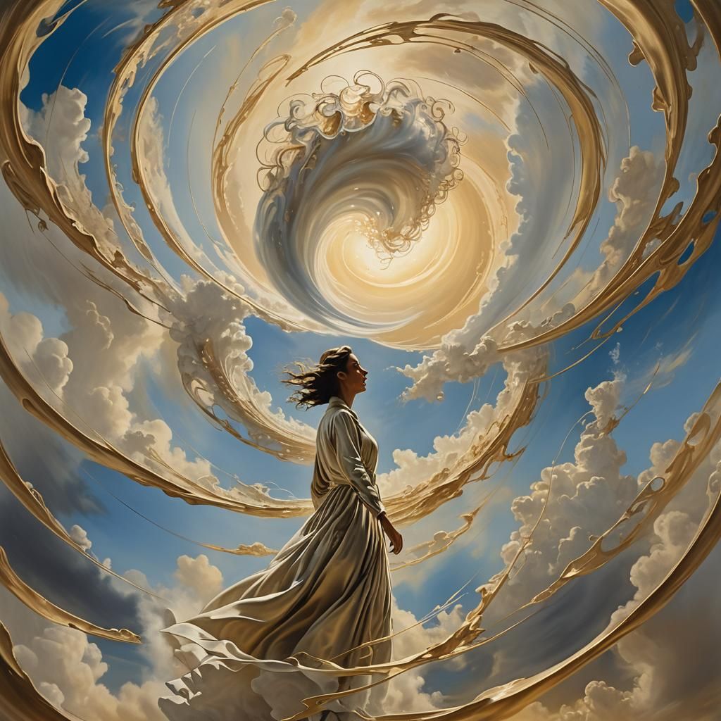 Surreal Figure Emerges into Serene Landscape