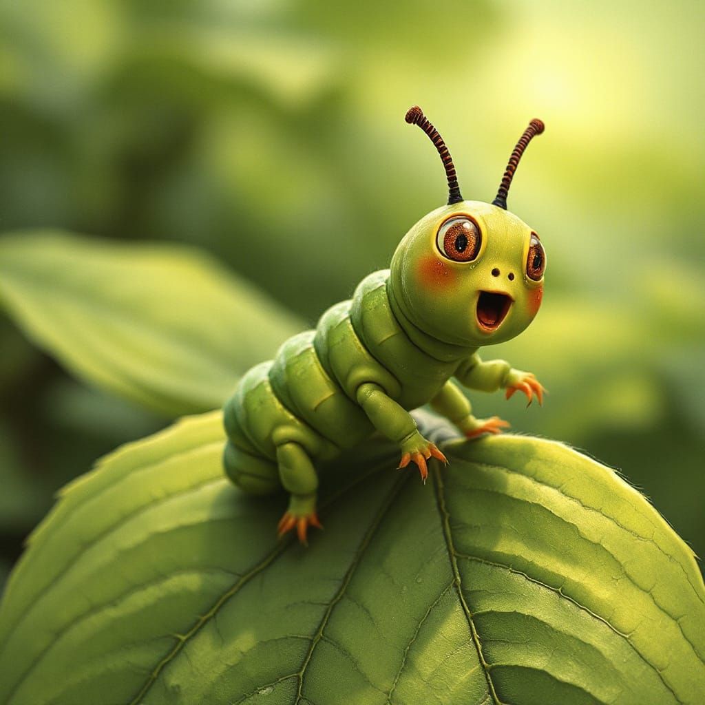 A cute excited anthropomorphic caterpillar wriggling on a le...