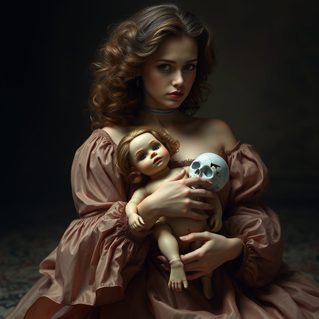 Gentle Woman Cradles Shattered Doll in Dreamlike Scene