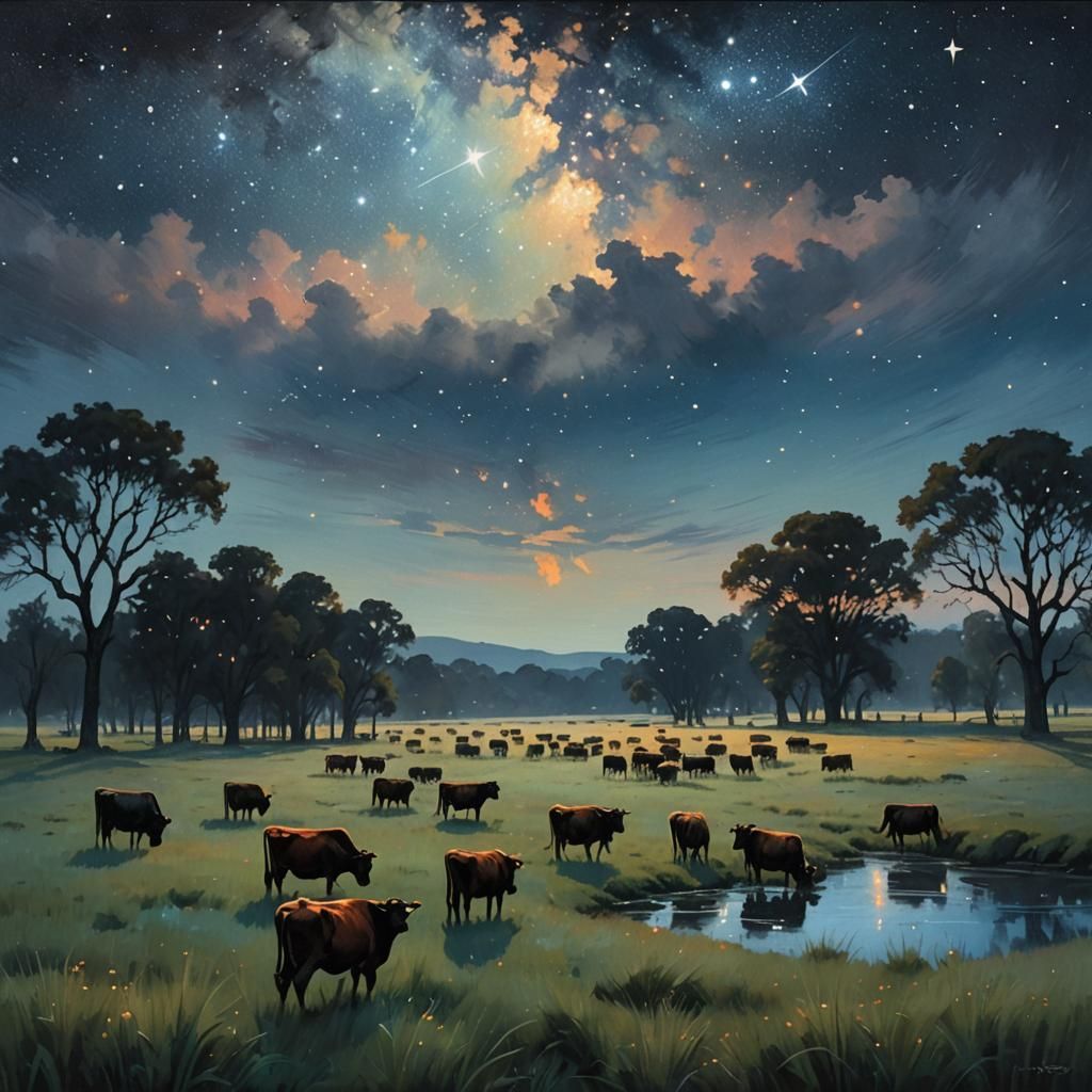 Cattle Herd Under Starry Sky: Impressionist Landscape
