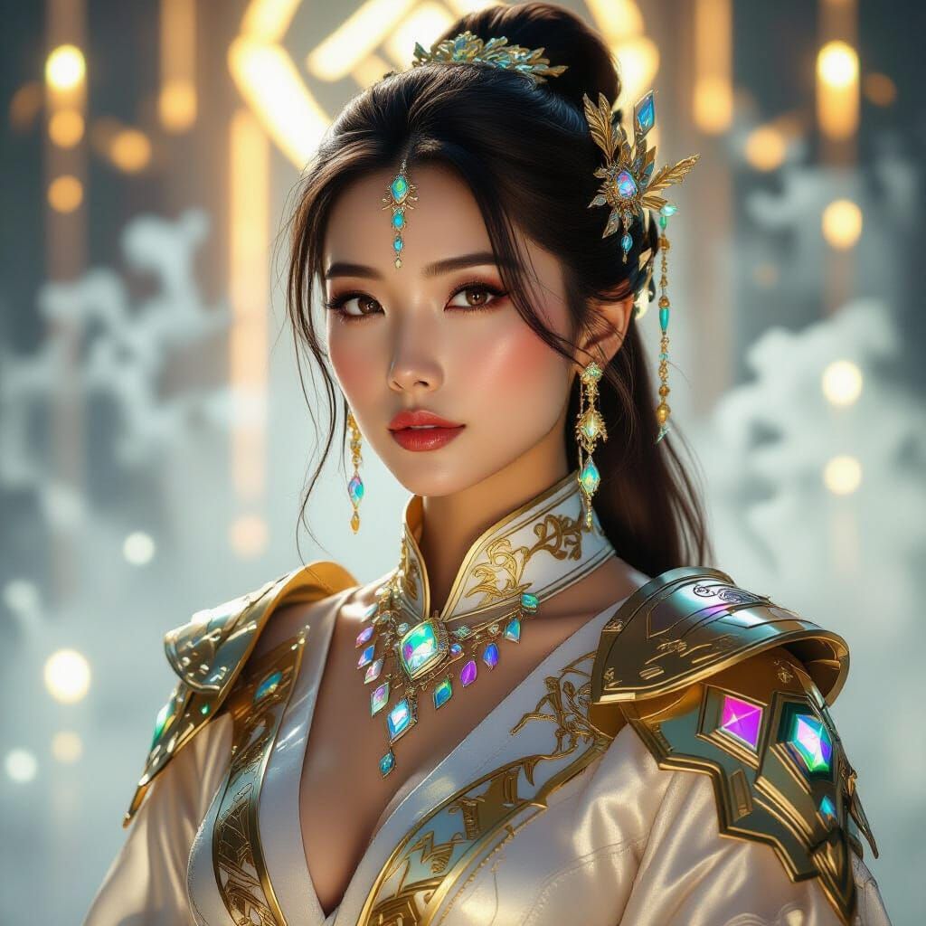 Luminous Woman in Futuristic Asian Armor