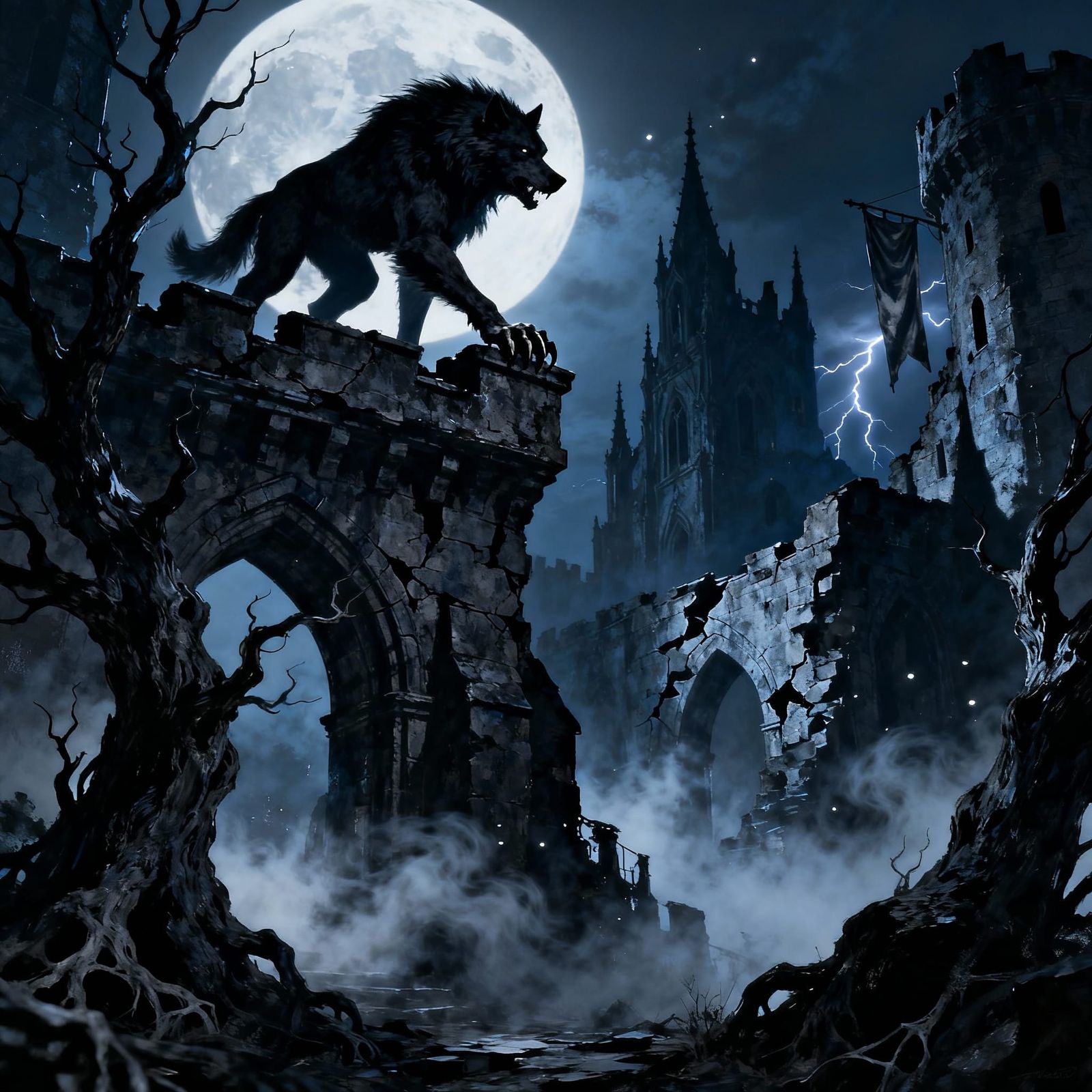 Werewolf Silhouette Against Gothic Castle Ruins