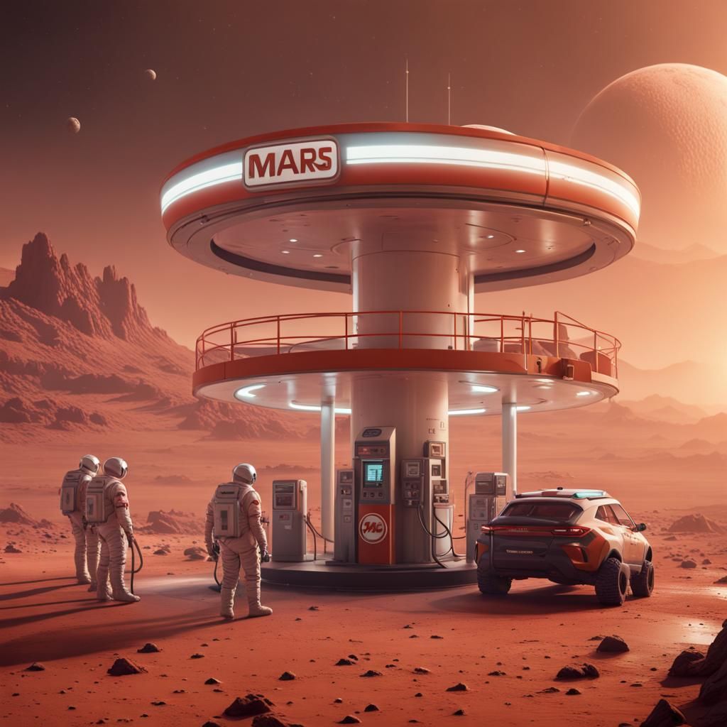 Gas Station on Mars with Astronauts: Detailed Matte Painting