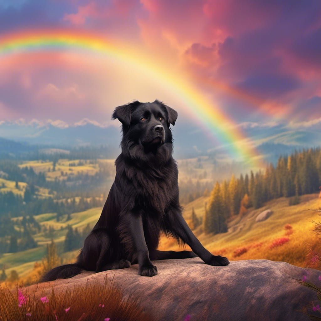 Dog on Hill with Rainbow, Dreamy Fantasy Art