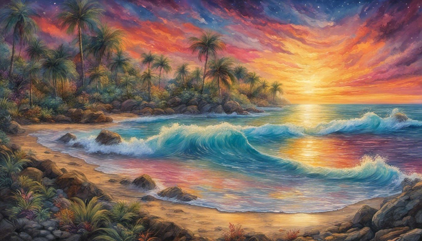 Tropical Island Sunset Seascape in Detailed Watercolor