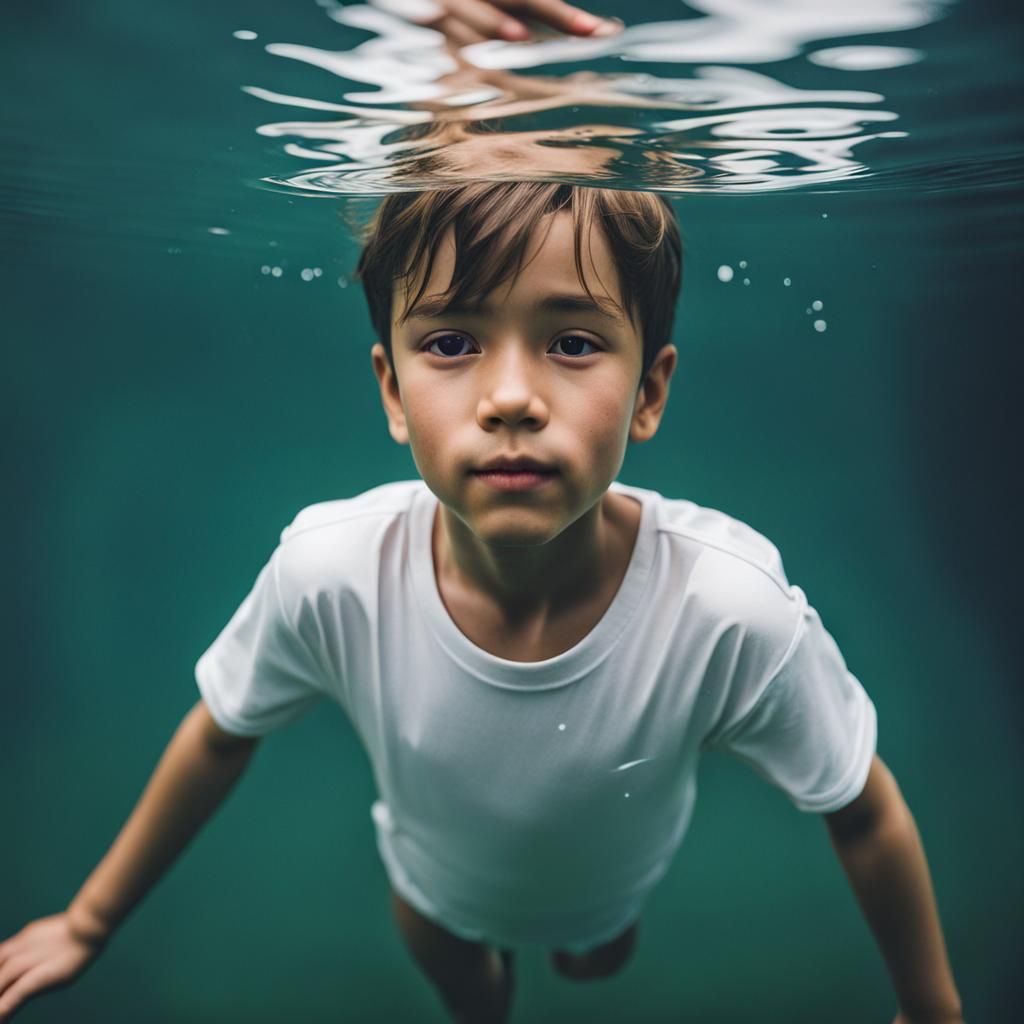 Boy Swimming in Deep Lake Wearing White T-Shirt