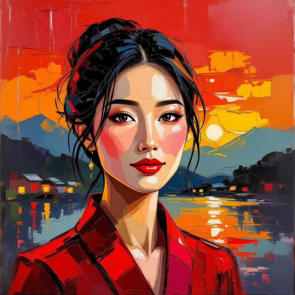 Encaustic Portrait of Asian Woman in Twilight Landscape