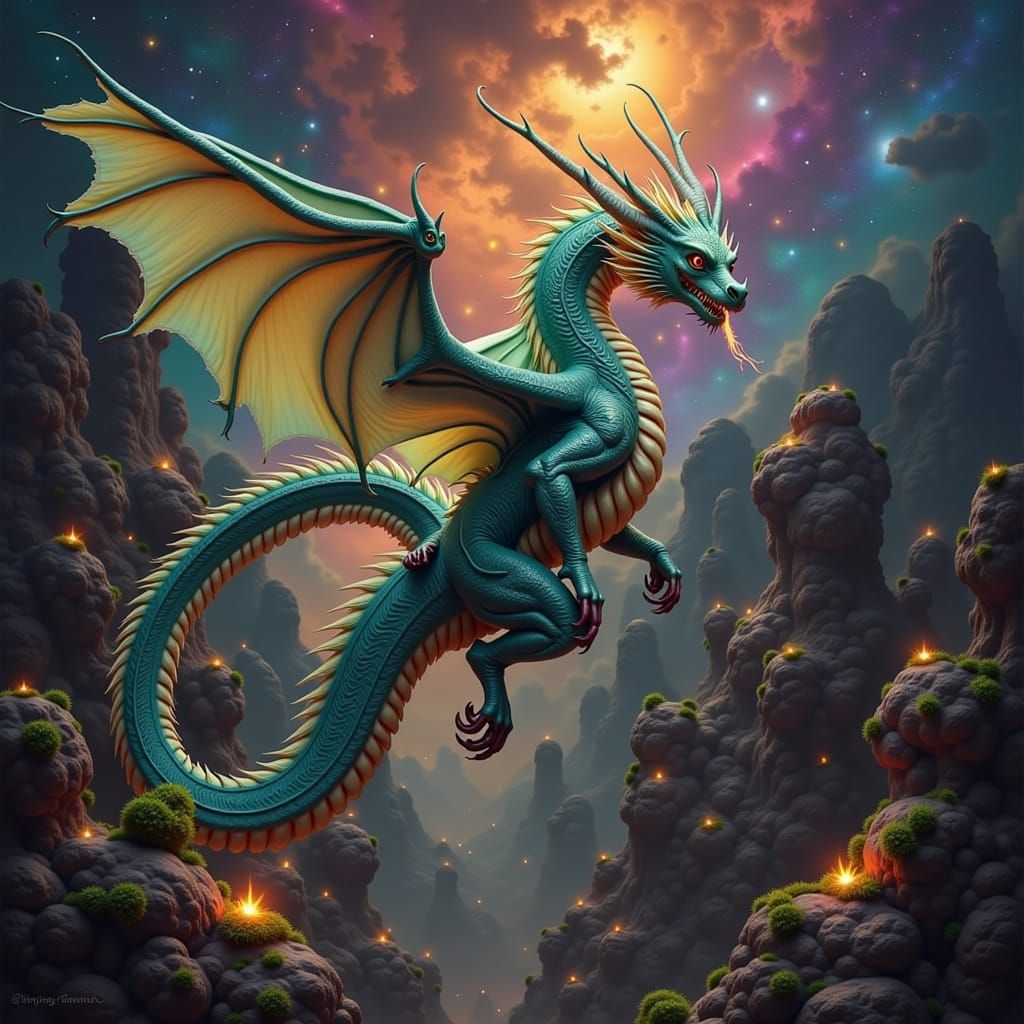 Majestic Celestial Dragon Soaring Through Cosmic Landscape