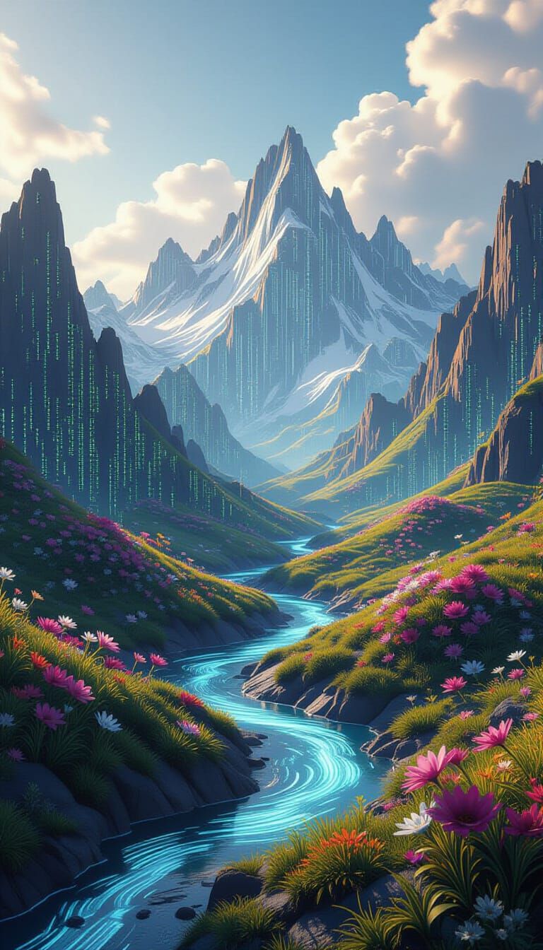 Surreal Digital Landscape of Code Mountains and Binary River...