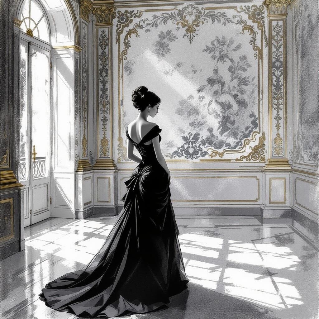 Monochrome Impressionist Woman in Ornate Room