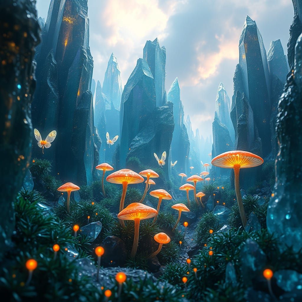 Mystical Crystal Forest Illuminated by Glowing Mushrooms and...