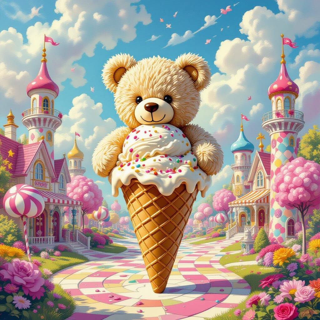Teddy Bear Ice Cream Cone in Candyland, Impasto Gouache
