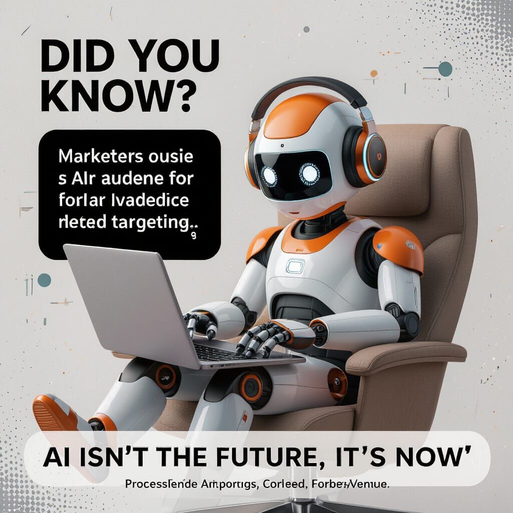 Robot Using Laptop with AI Promotion, Futuristic Style