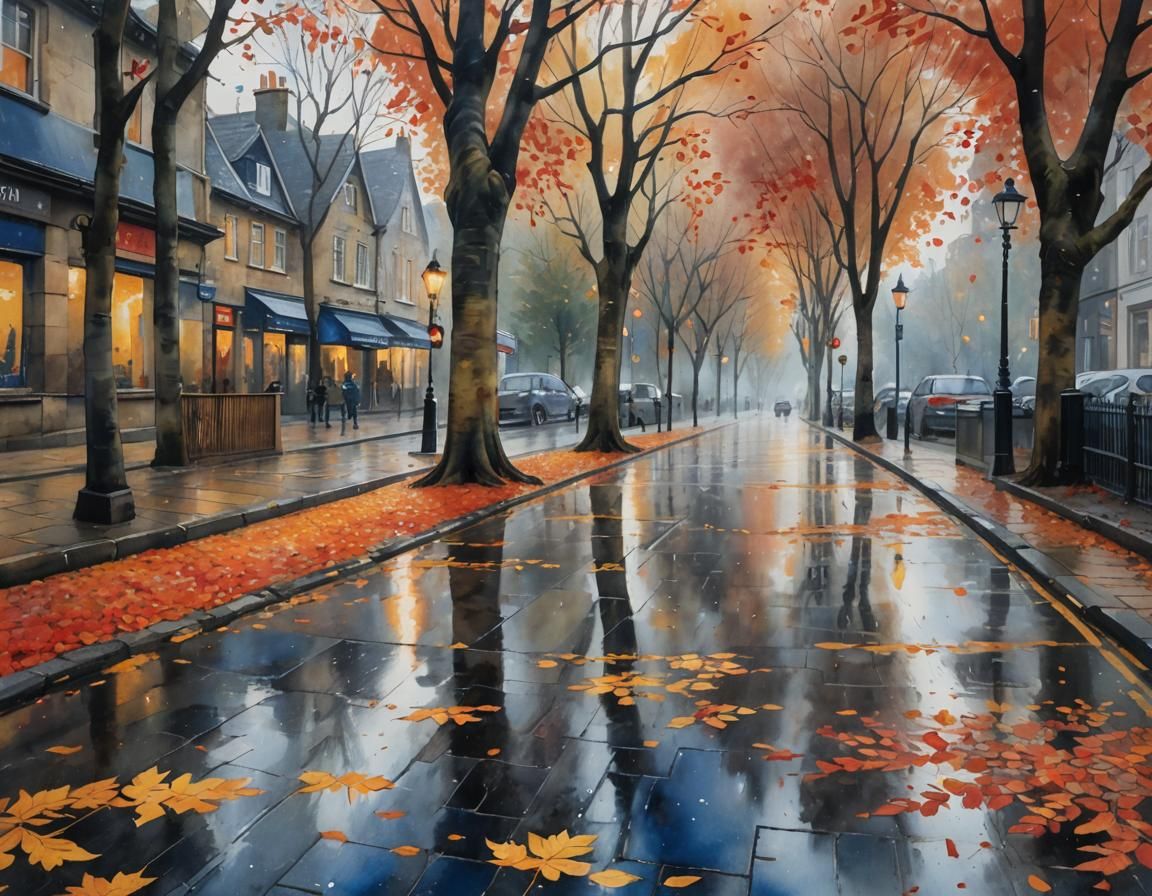 Vibrant Autumn Town Street in Watercolour