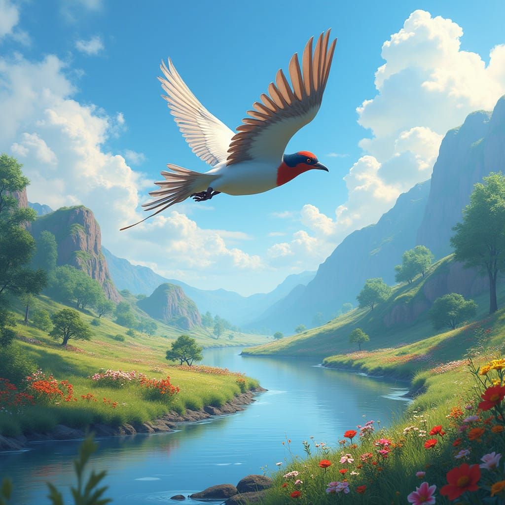 Majestic Sparrow Soars Over Lush River Landscape in Whimsica...