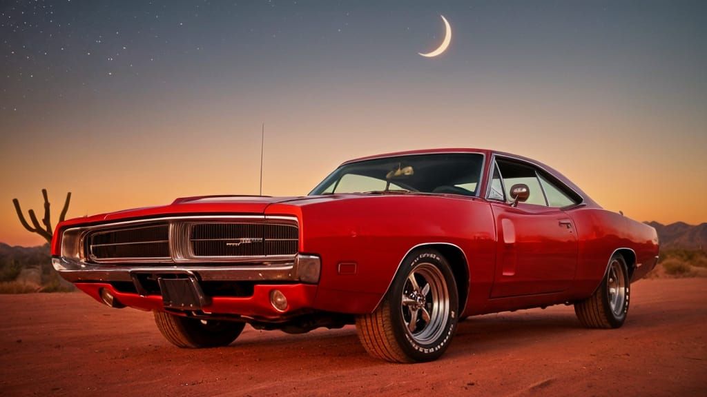 Candy Apple Red 1969 Dodge Charger Under Desert Moon