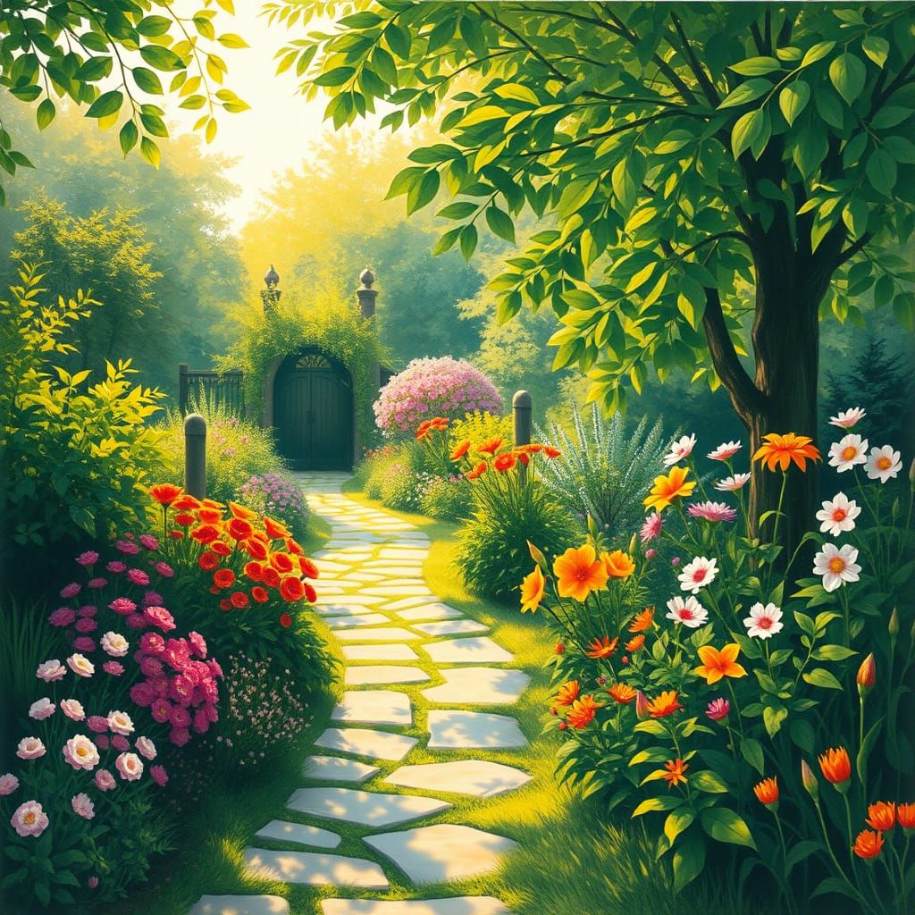 Vibrant Garden Scene in Whimsical Style