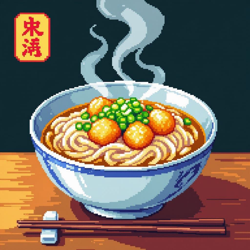 Steaming Udon Noodles in Pixel Art Style