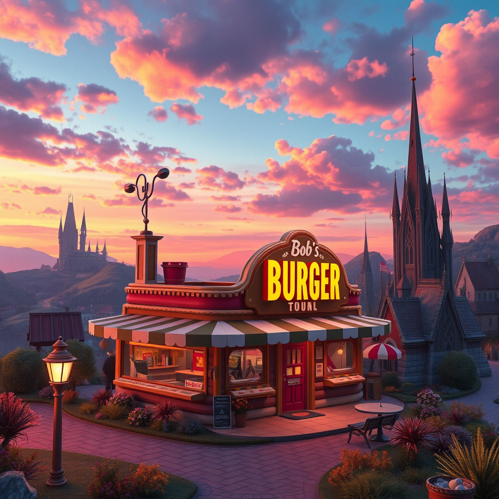 Whimsical Burger Joint in Fantasy Town: Unreal Engine 5