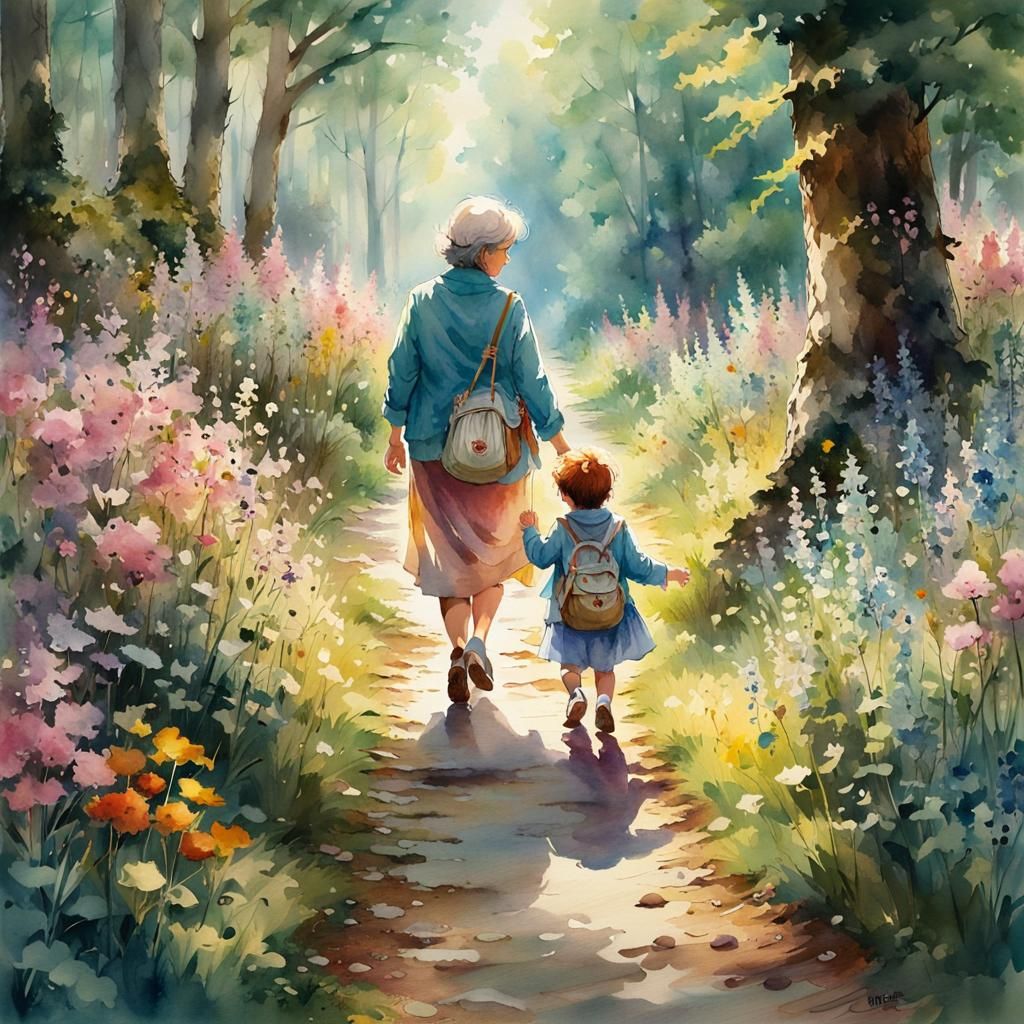 Grandmother and Toddler in Woods, Watercolor Style