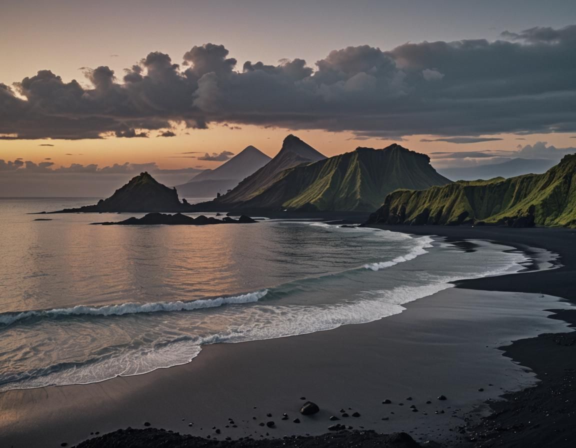 Volcanic Island Sunset: Cinematic Film Still