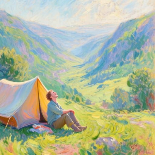 Joyful Camper Contemplating Verdant Valley in Impressionist ...