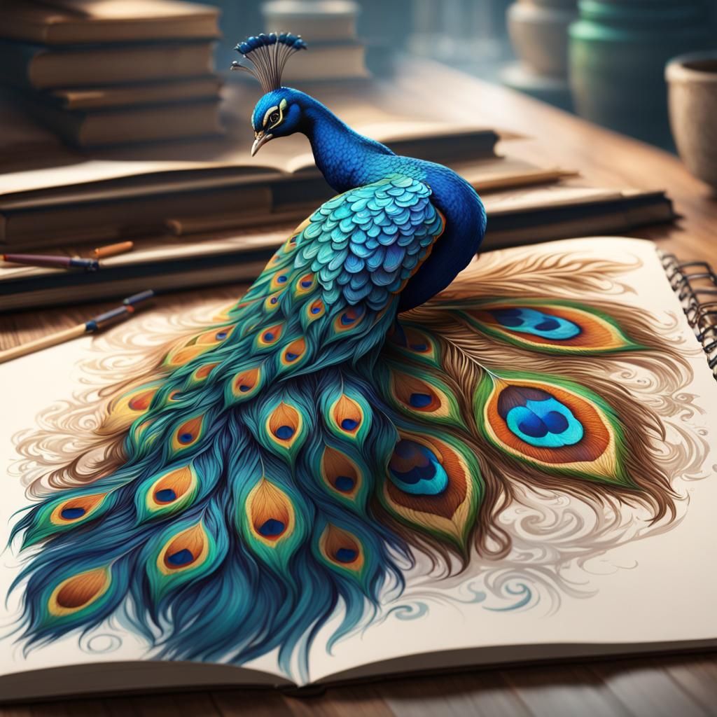 Detailed Peacock Sketchbook Page in Deep Color