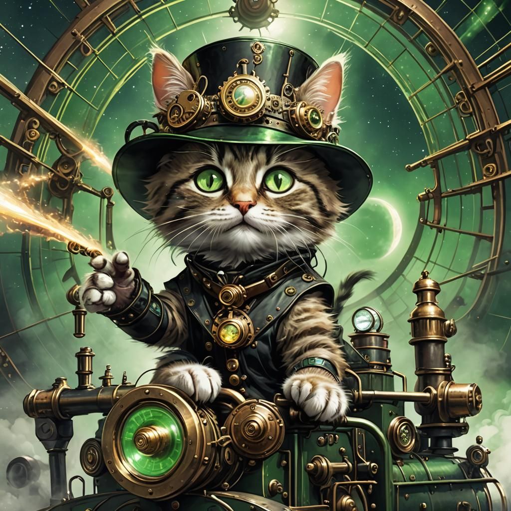 Steampunk Kitten Indiana Jones on Space Train