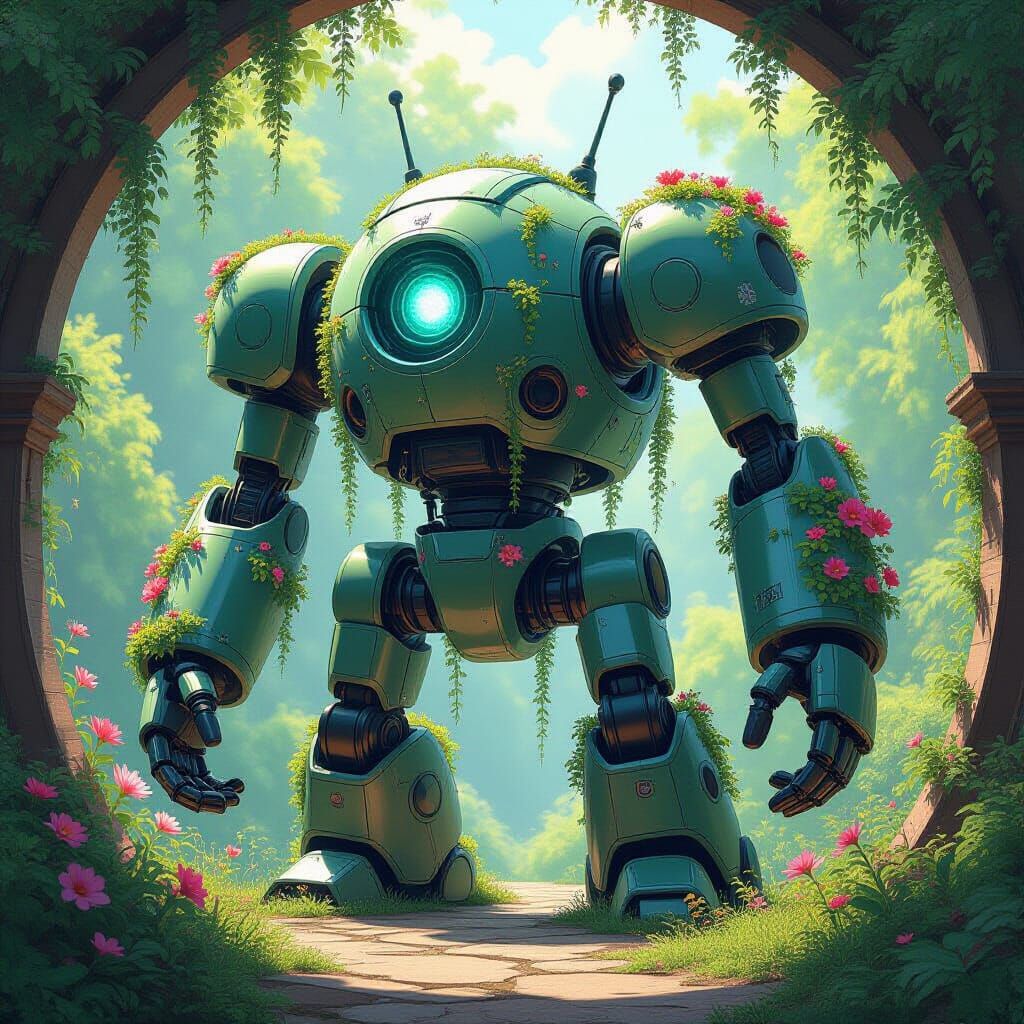 Robot Oasis: Nature Reclaims Technology in Ghibli Style