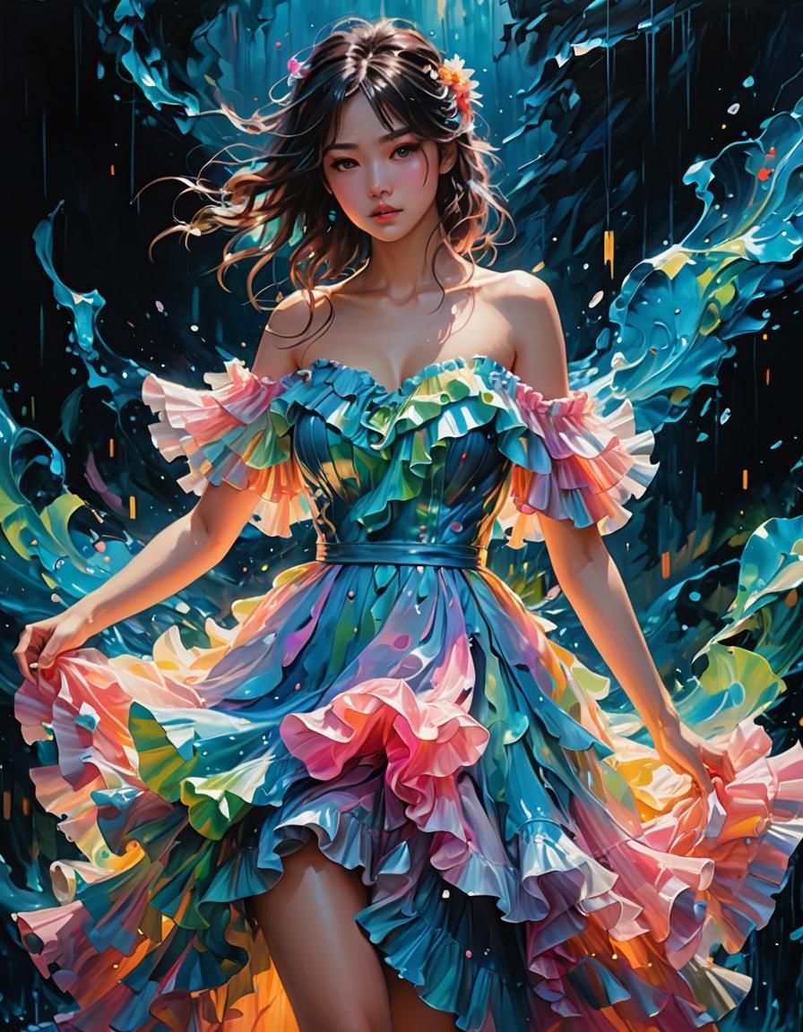 Neon Flowing Water Impasto Anime Dress