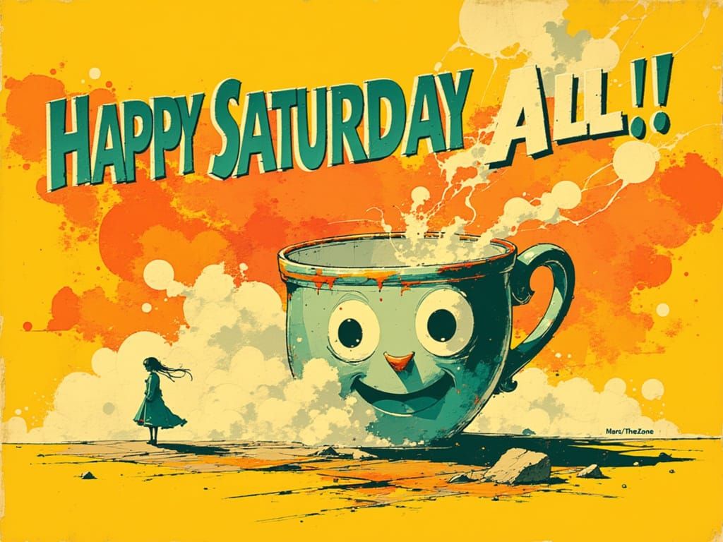 Happy Saturday All!! Funky Font with Steaming Coffee Cup