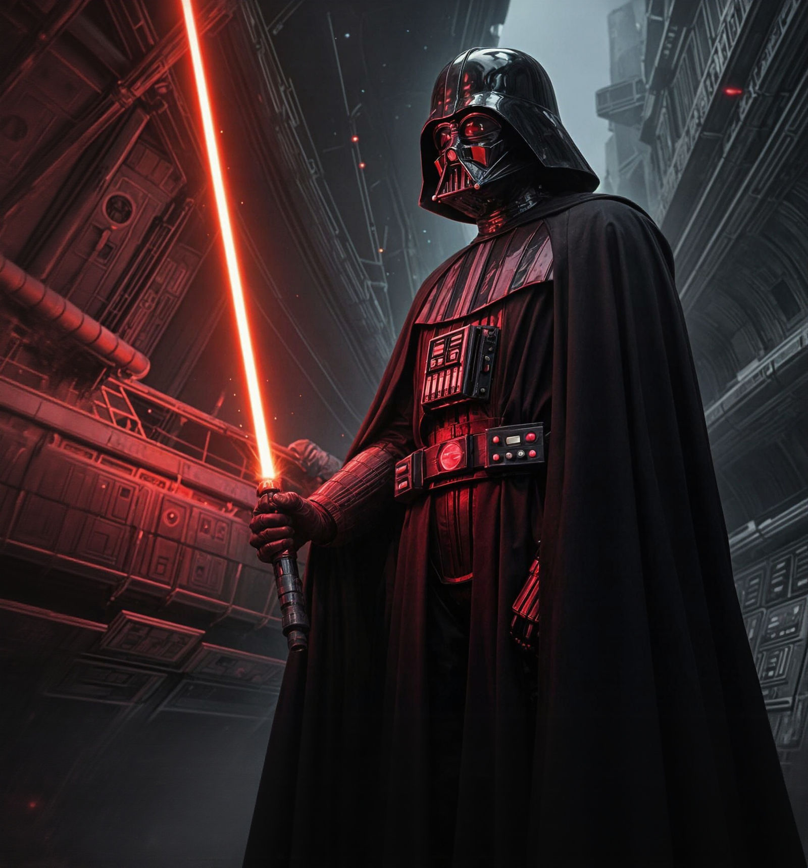 Darth Vader with Ignited Lightsaber in Space