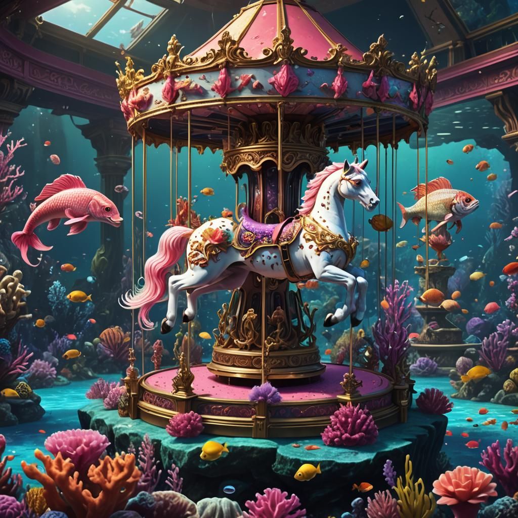 Surreal Aquarium Scene with Feline Mermaids