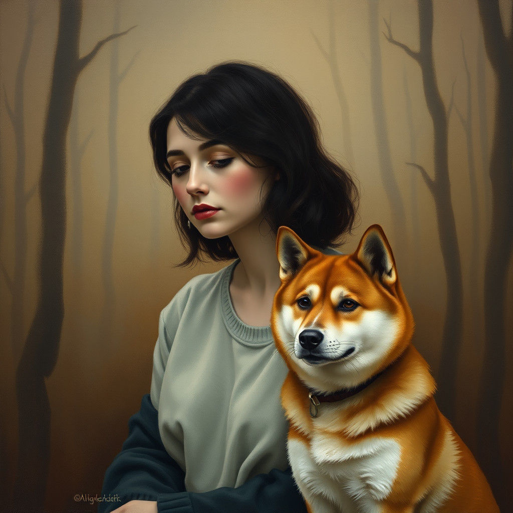 Woman and Akita Dog Portrait in Folk Art Style